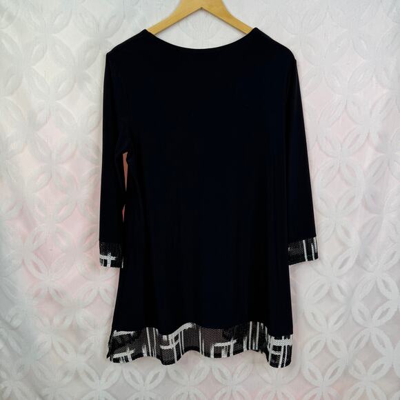 Joseph Ribkoff Macrame Black White 3/4 Sleeve High Lo Tunic Size 14 - Picture 8 of 9